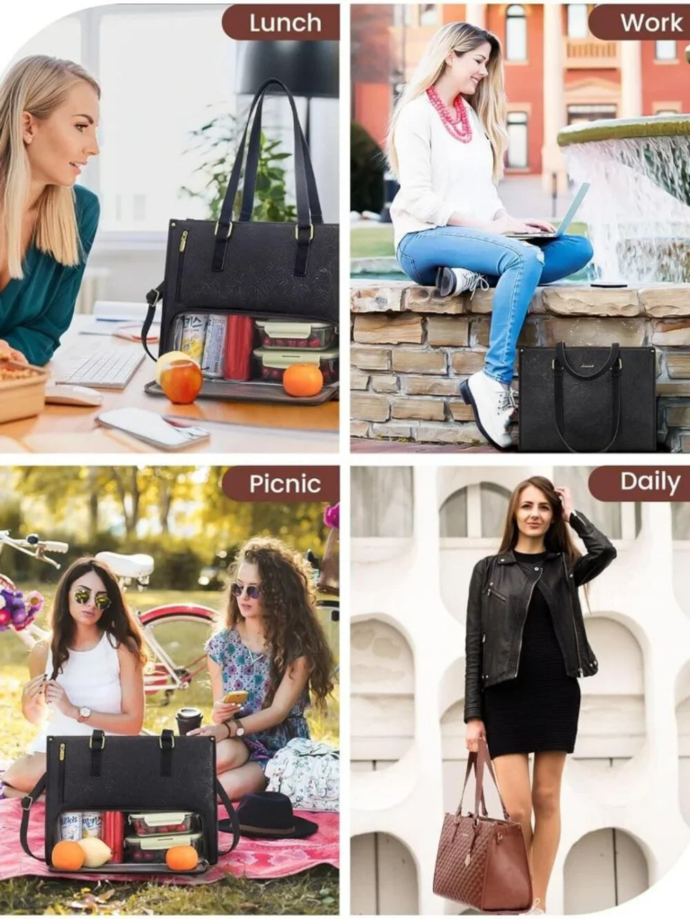 Stylish Insulated Lunch Tote & Laptop Bag for Women, Large Capacity, Jet Black